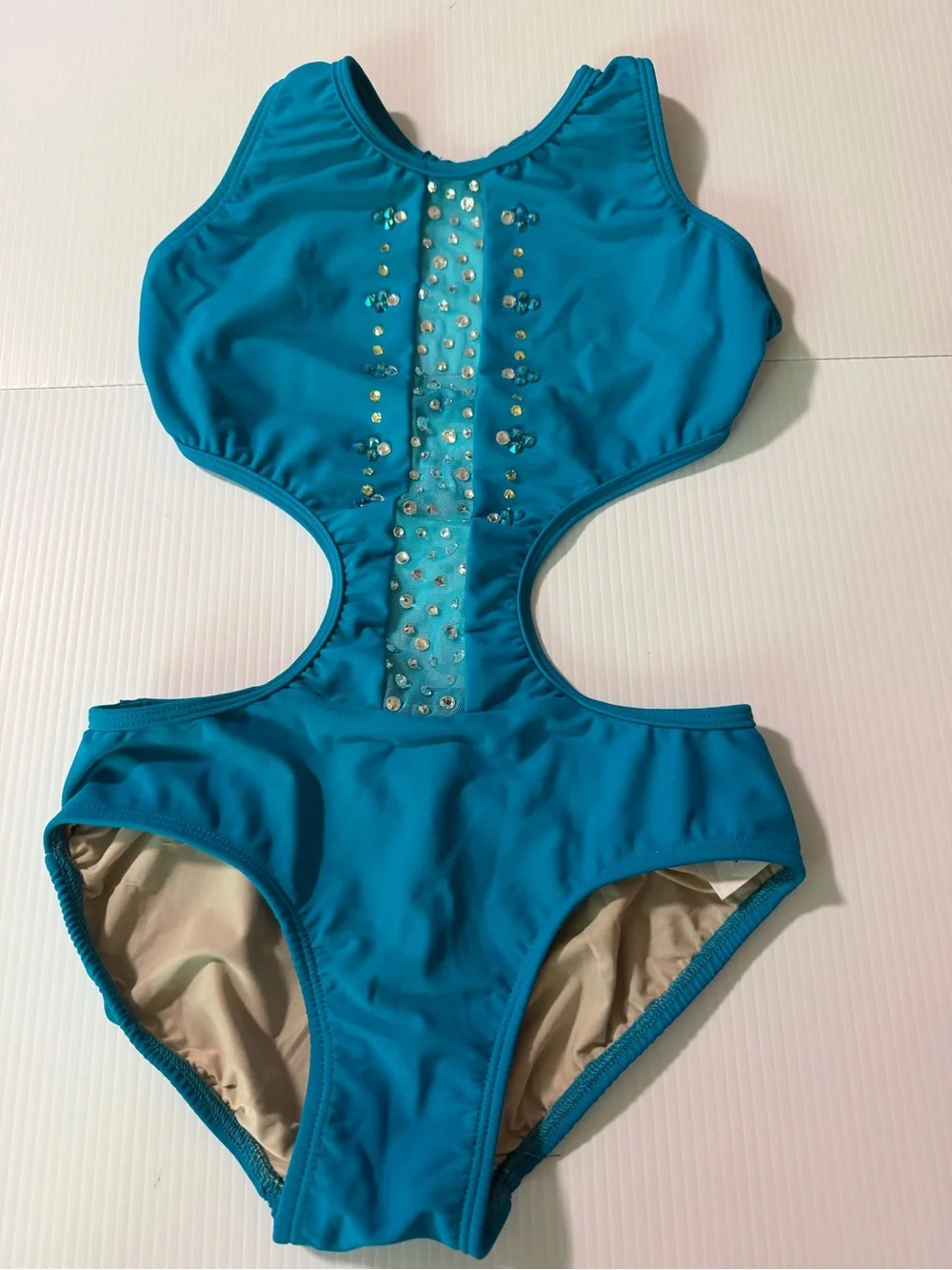 Opra solo custom dance costume leotard cutout illusion teal aqua LC-large child